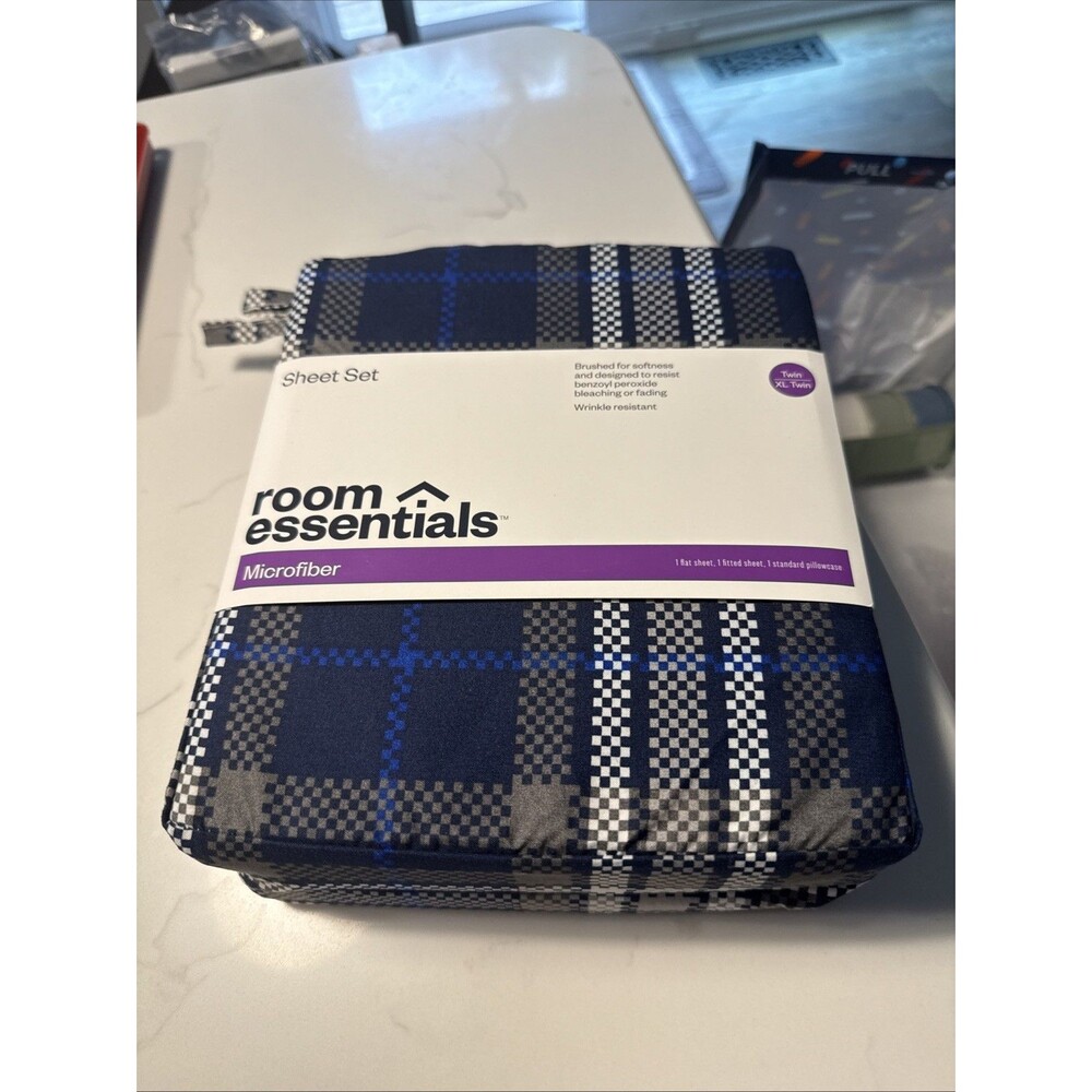 Microfiber Sheet Set Blue Plaid - Room Essentials NEW Size Twin XL
